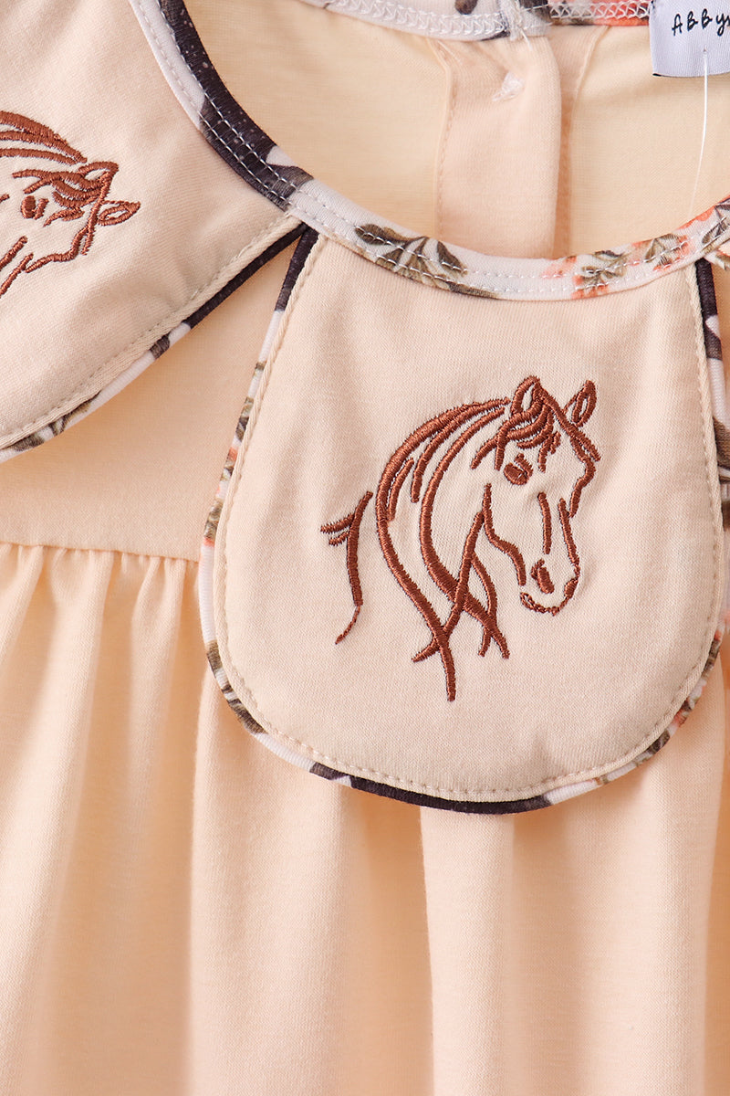 Girls’ Khaki Shorts Set with Horse Embroidery and Ruffles