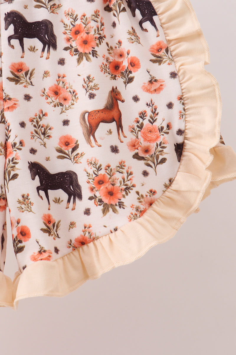 Girls’ Khaki Shorts Set with Horse Embroidery and Ruffles
