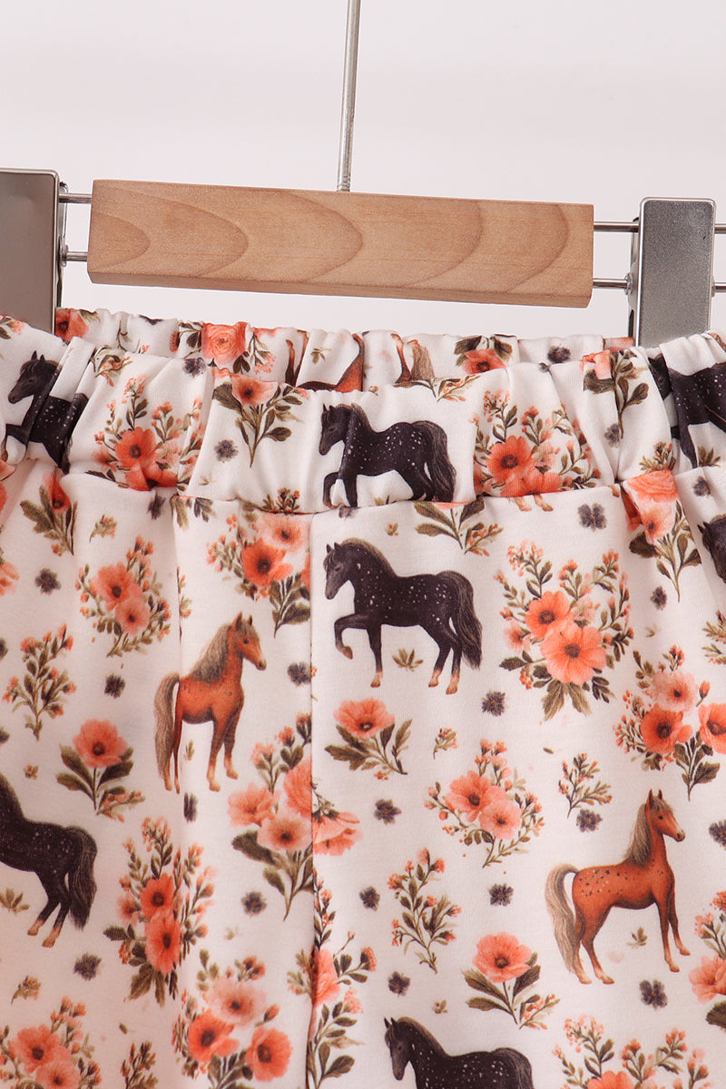 Girls’ Khaki Shorts Set with Horse Embroidery and Ruffles