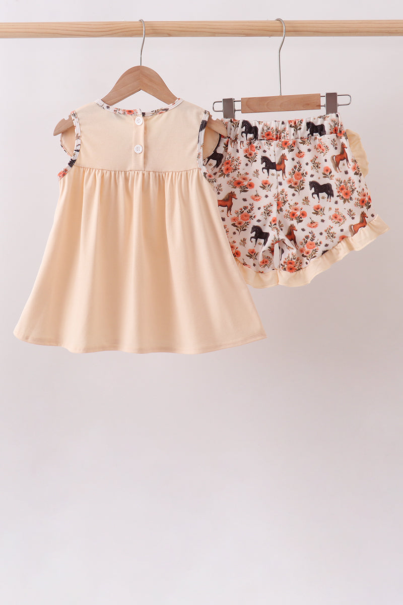 Girls’ Khaki Shorts Set with Horse Embroidery and Ruffles