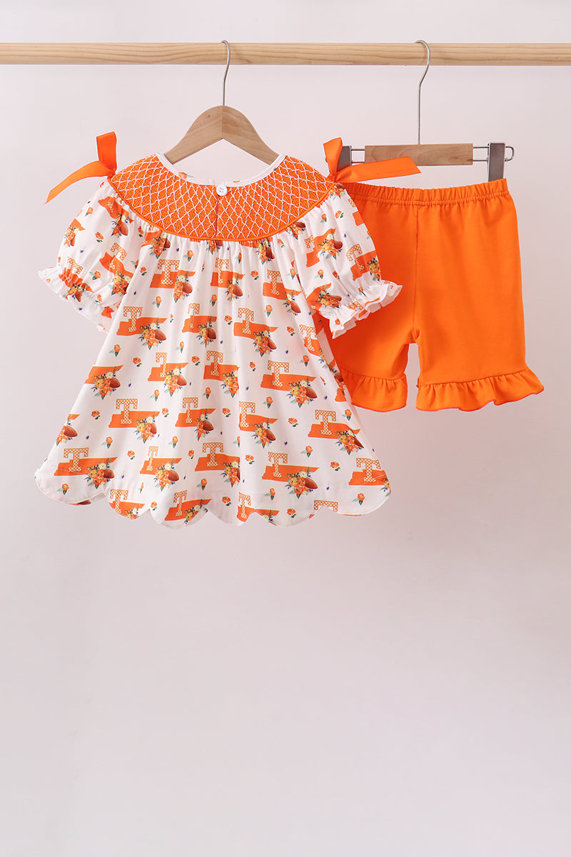 Girls Orange Tennessee Smocked Scalloped Ruffle Shorts Set