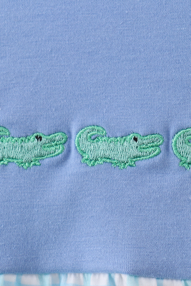 Baby Boys Blue Crocodile Embroidered Bubble