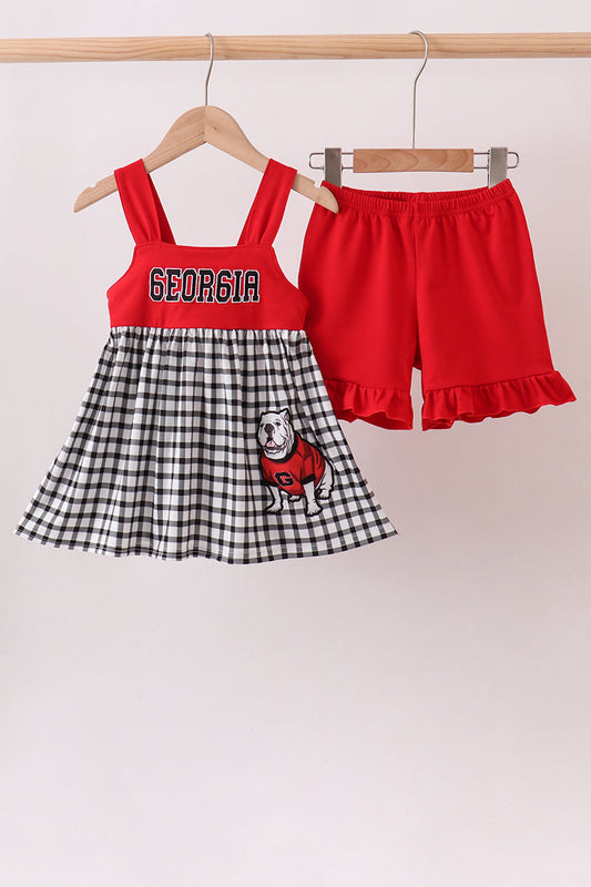 Girls Red Georgia Bulldogs Applique Gingham Ruffle Shorts Set