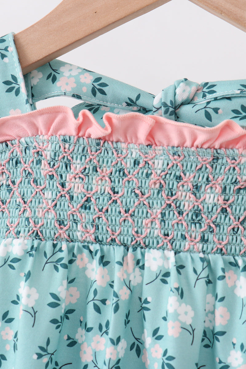 Baby Girl Green Floral Smocked Ruffle Bubble