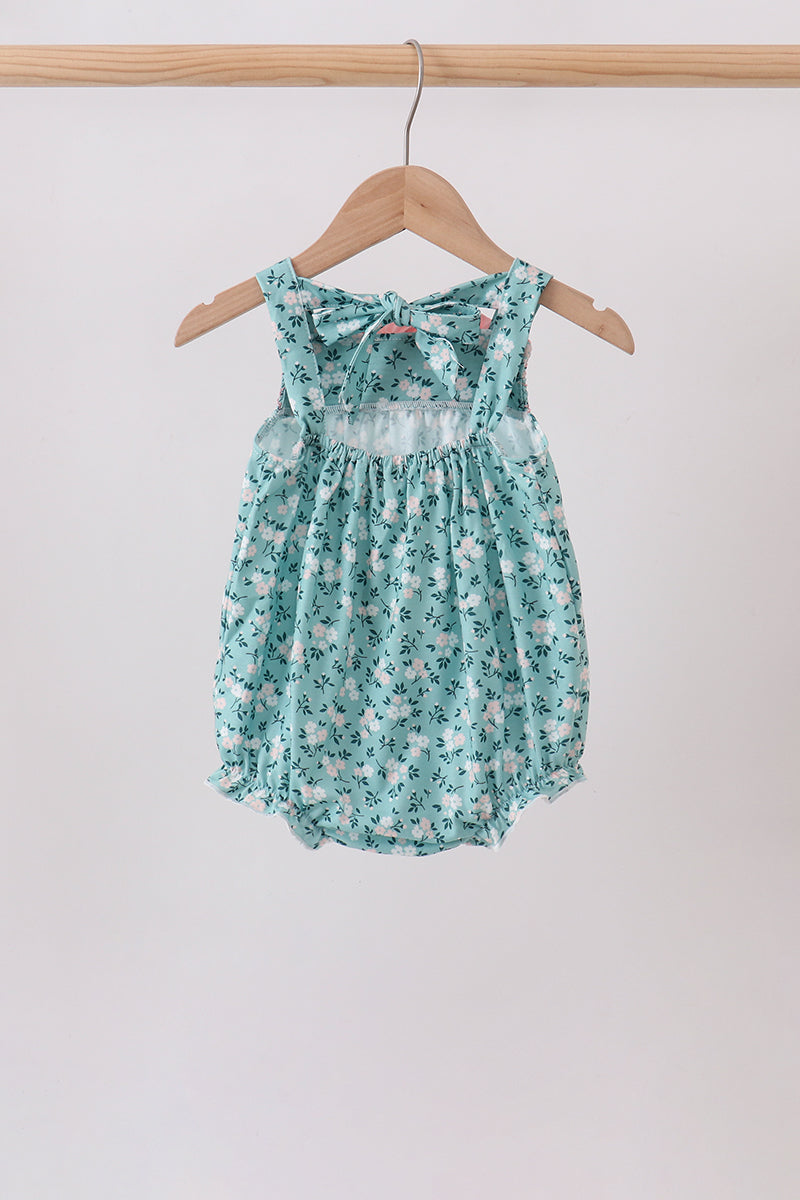 Baby Girl Green Floral Smocked Ruffle Bubble