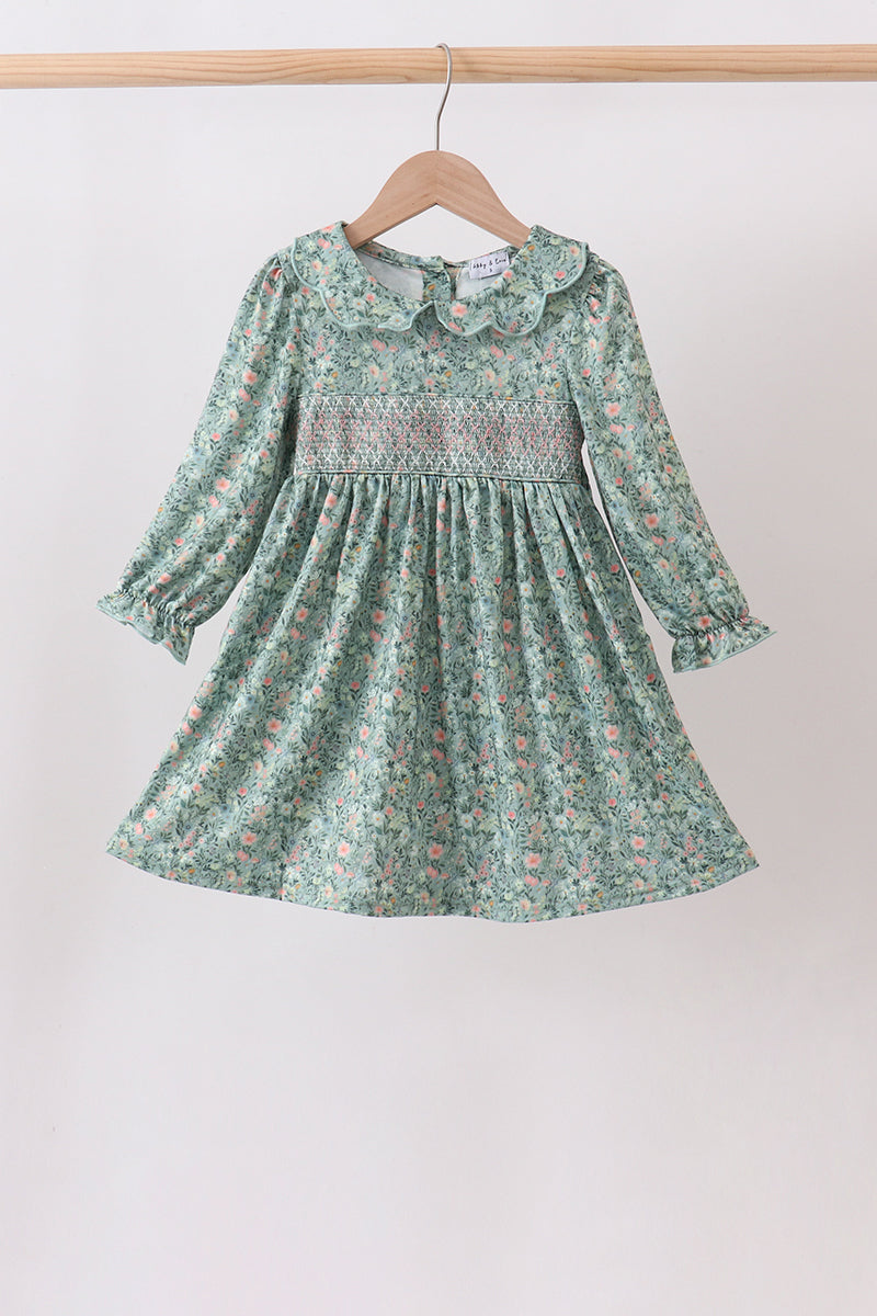 Girls Green Floral Smocked Dress
