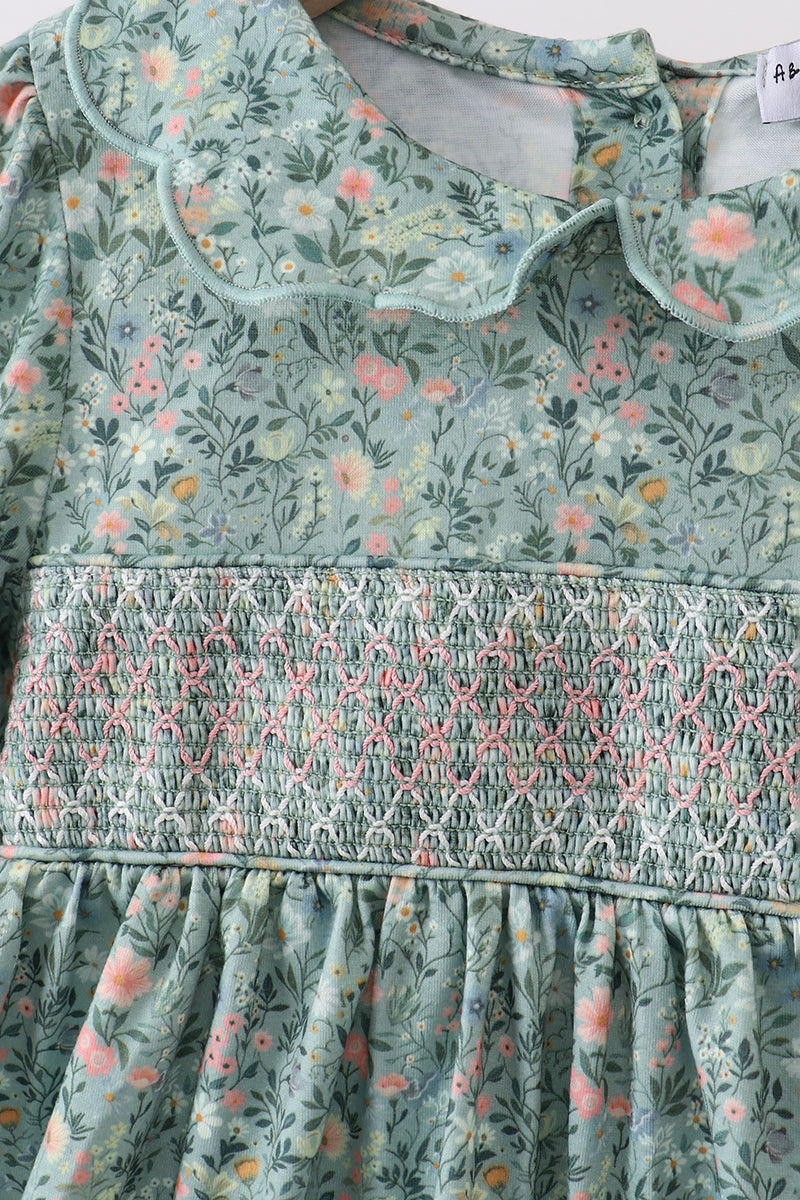 Girls Green Floral Smocked Dress
