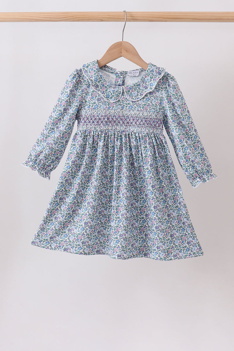 Girls Blue Floral Smocked Dress