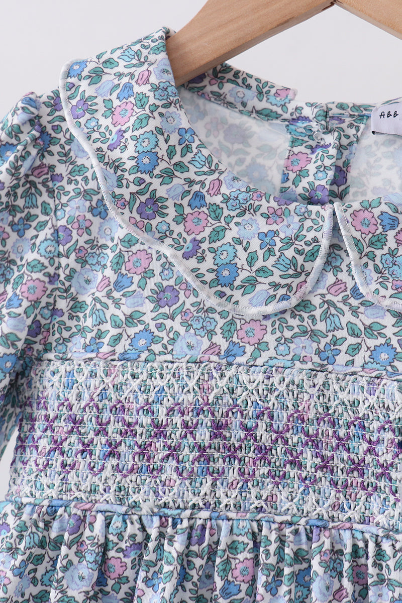 Girls Blue Floral Smocked Dress