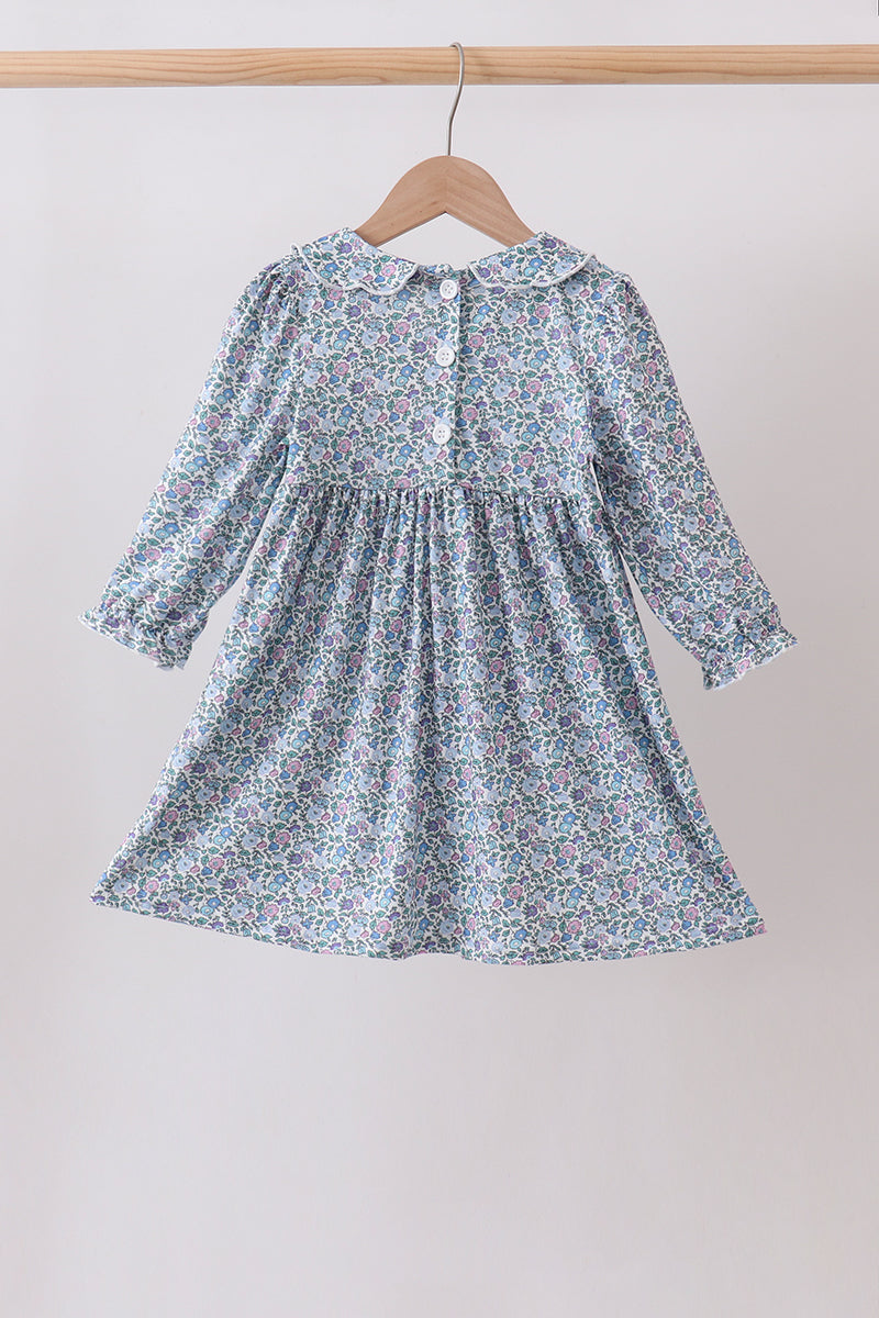 Girls Blue Floral Smocked Dress