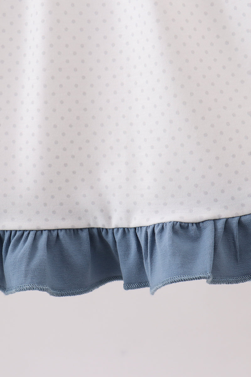 Girls Back to School Blue Apple Crayon French Knot Ruffle Dress