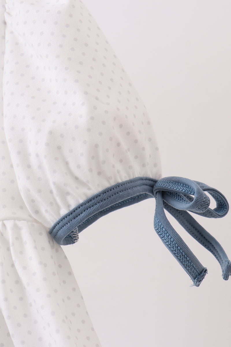 Girls Back to School Blue Apple Crayon French Knot Ruffle Dress