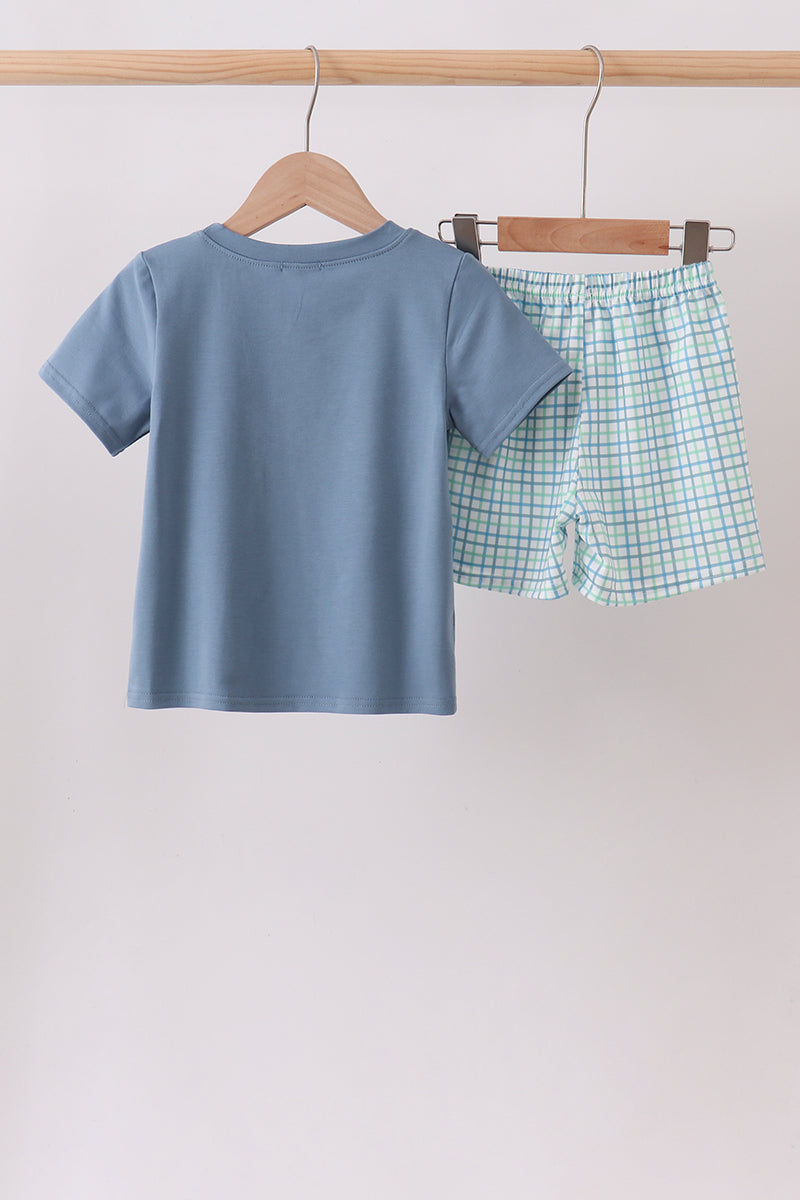 Boys Blue Apple Crayon French Knot Plaid Shorts Set