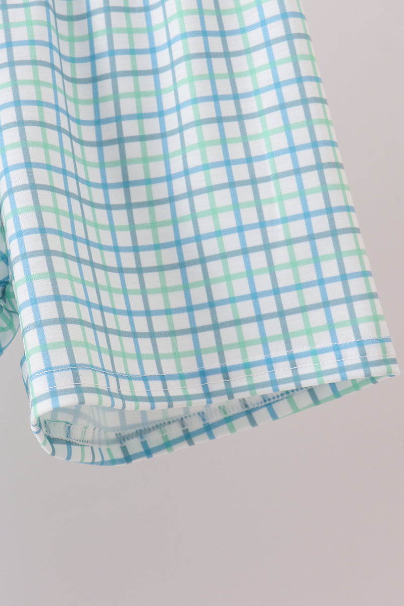 Boys Blue Apple Crayon French Knot Plaid Shorts Set