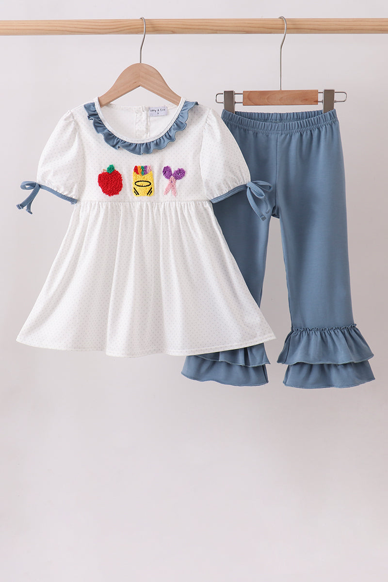 Girls Blue Apple Crayon French Knot Ruffle Pants Set