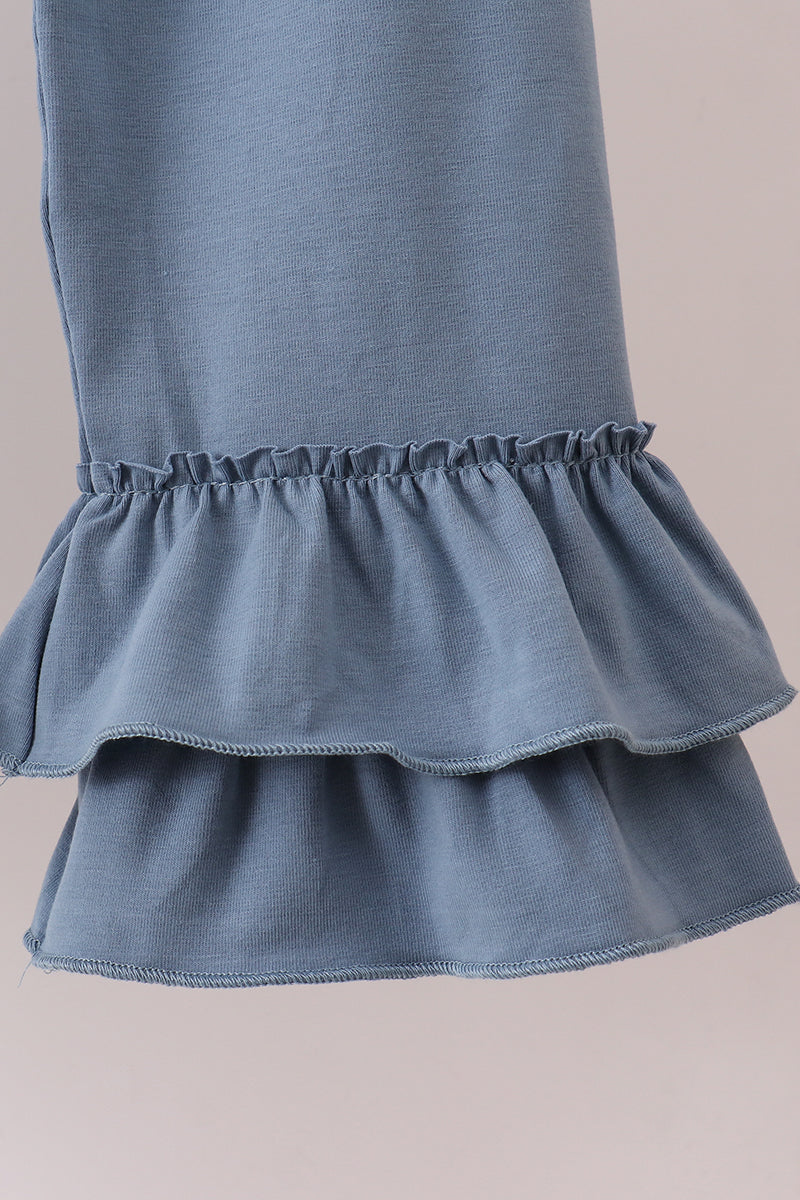 Girls Blue Apple Crayon French Knot Ruffle Pants Set