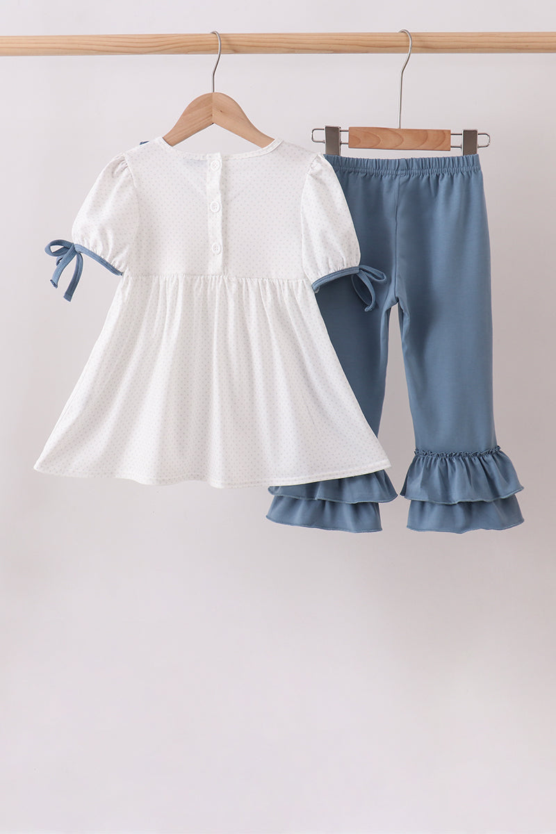 Girls Blue Apple Crayon French Knot Ruffle Pants Set