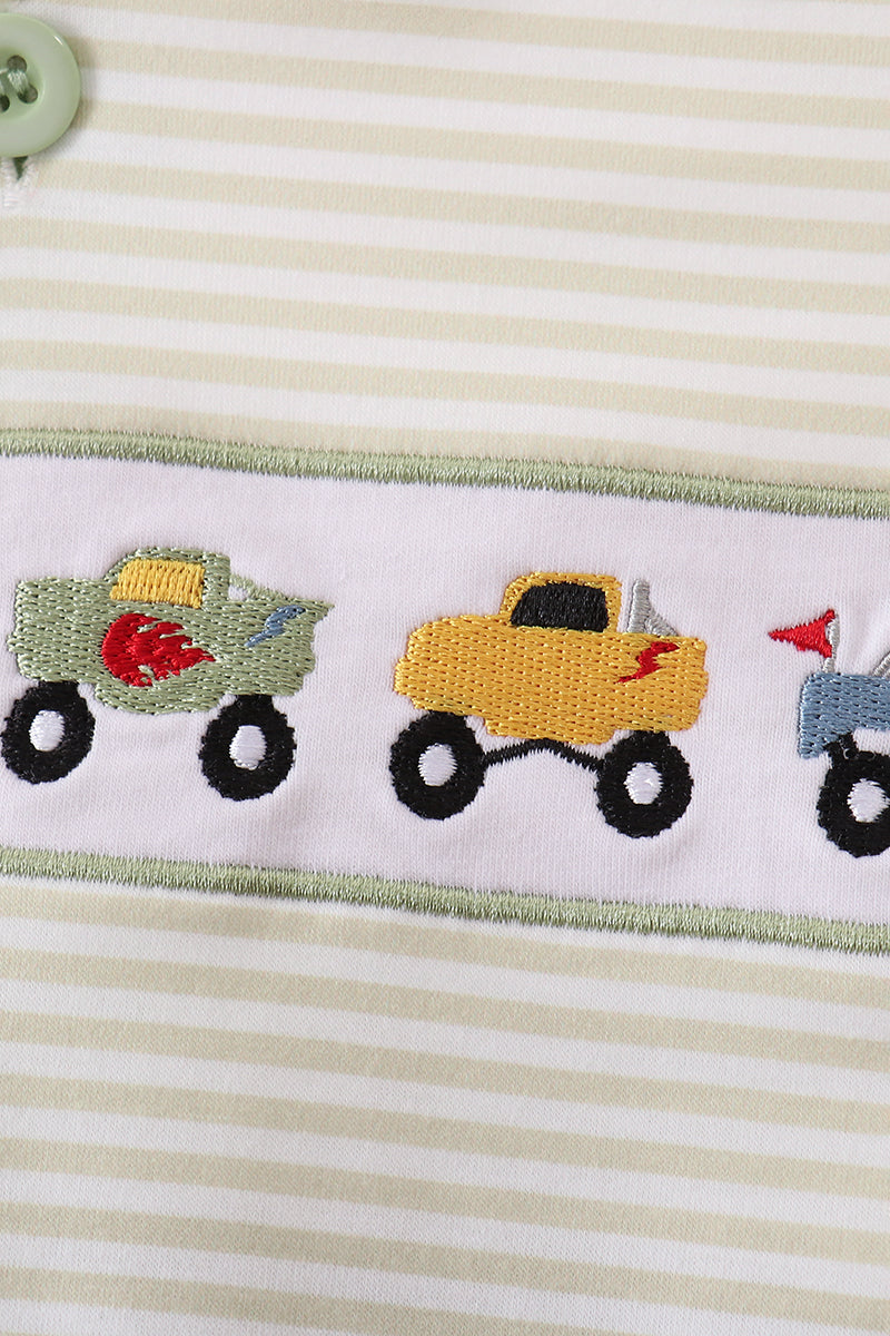 Baby Boy Monster Truck Embroidery Stripe Bubble