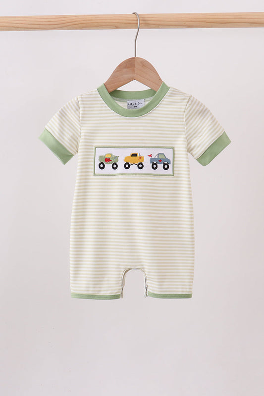 Baby Boys Monster Truck Embroidery Stripe Romper