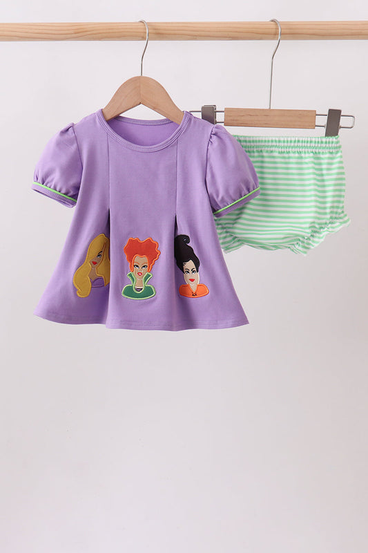 Baby Girl & Toddler Purple Halloween  Applique Stripe Bloomer Set