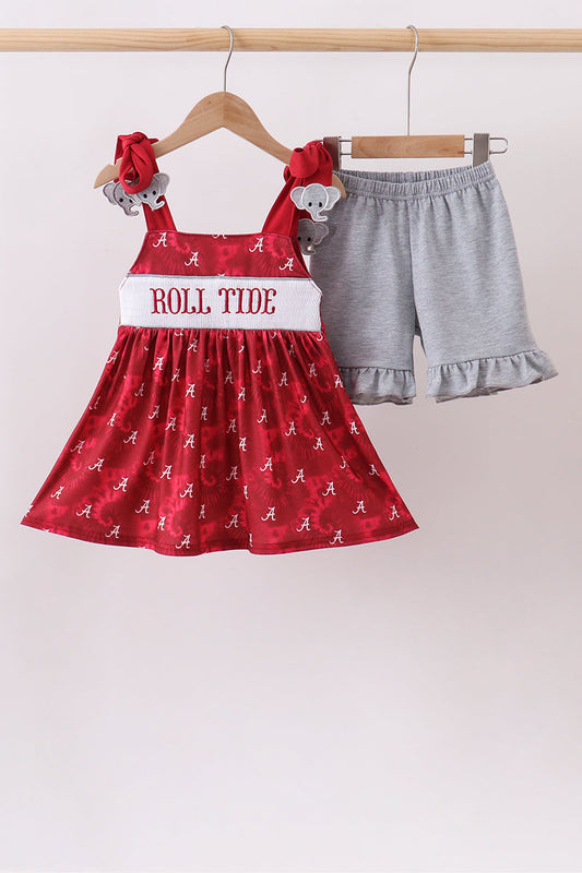 Girls Maroon Alabama Roll Tide Smocked Ruffle Shorts Set