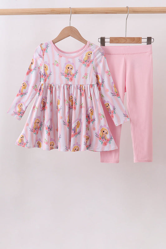 Pink Princess Floral Stripe Bamboo Pants Set