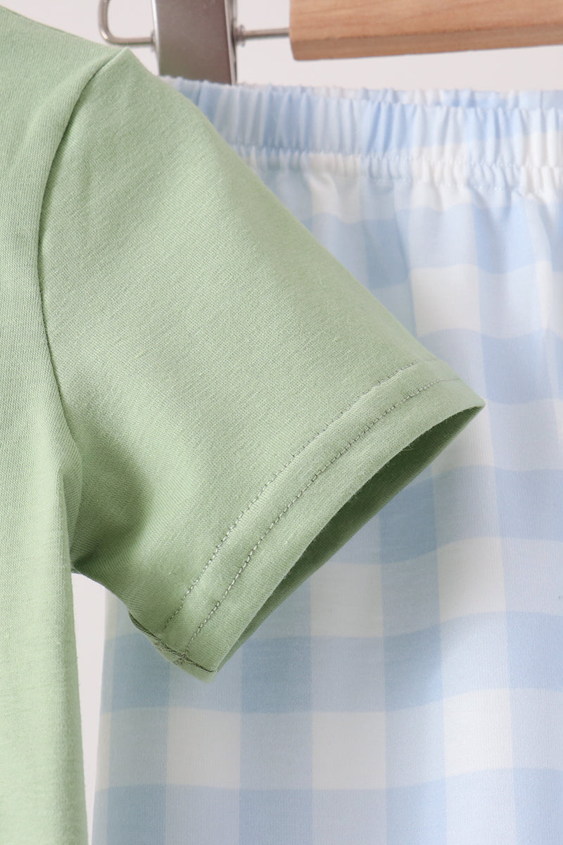 Boys Blue Pumpkin Embroidery Gingham Pants Set