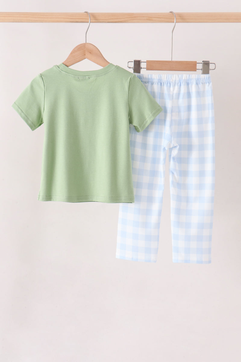 Boys Blue Pumpkin Embroidery Gingham Pants Set