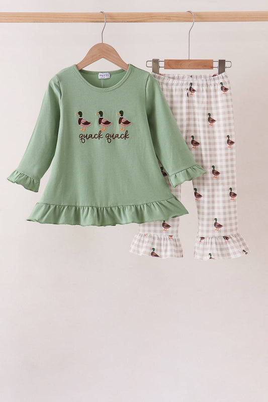 Green Duck Quack Embroidery Ruffle Pants Set