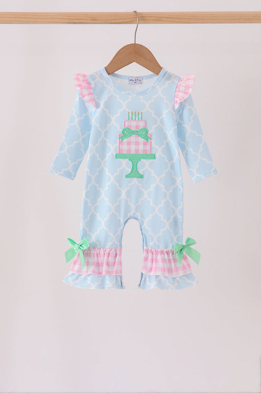 Blue Birthday Cake Appliqué Ruffle Romper