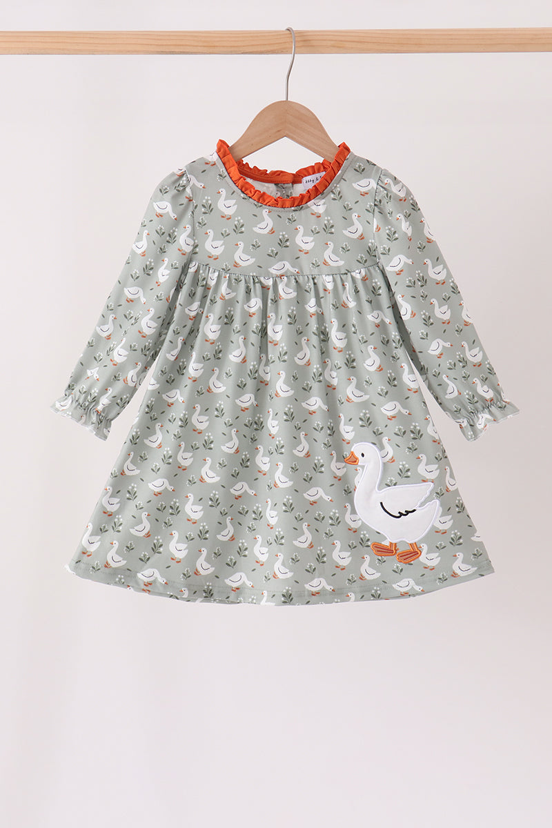 Girls Grey Goose Applique Ruffle Dress