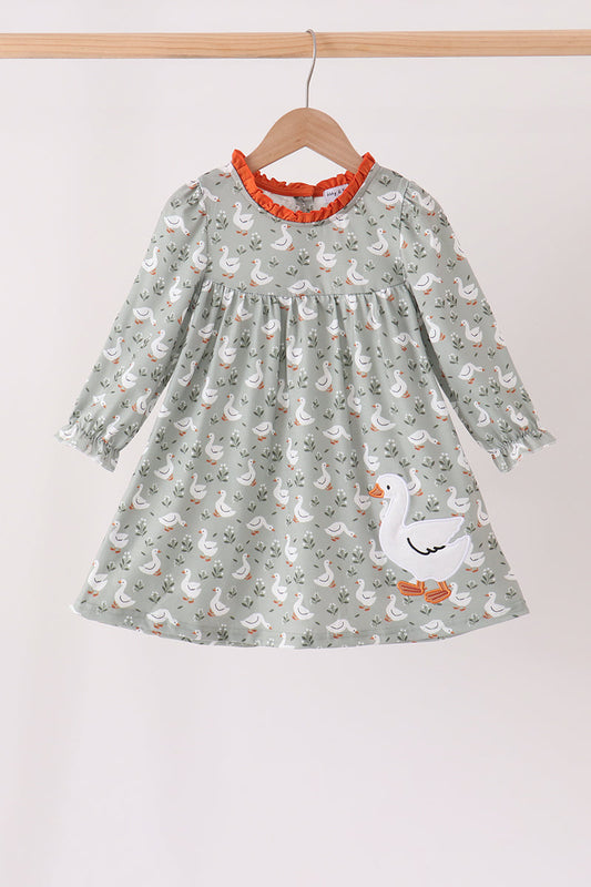 Girls Grey Goose Applique Ruffle Dress