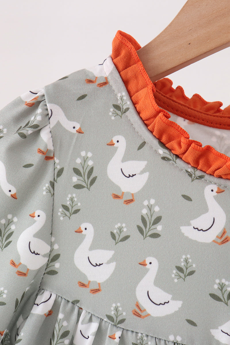 Girls Grey Goose Applique Ruffle Dress