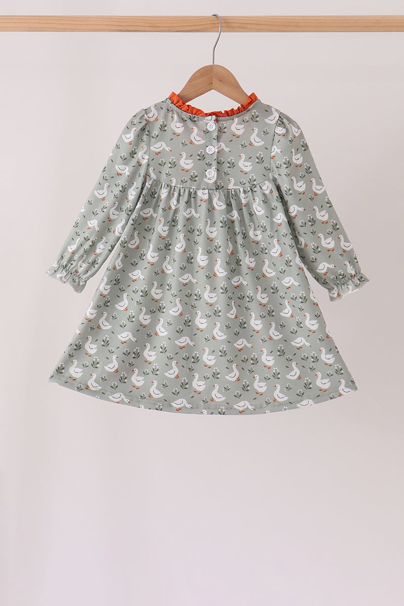 Girls Grey Goose Applique Ruffle Dress