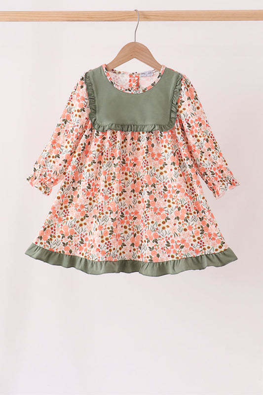 Girls Fall Green Floral Ruffle Dress