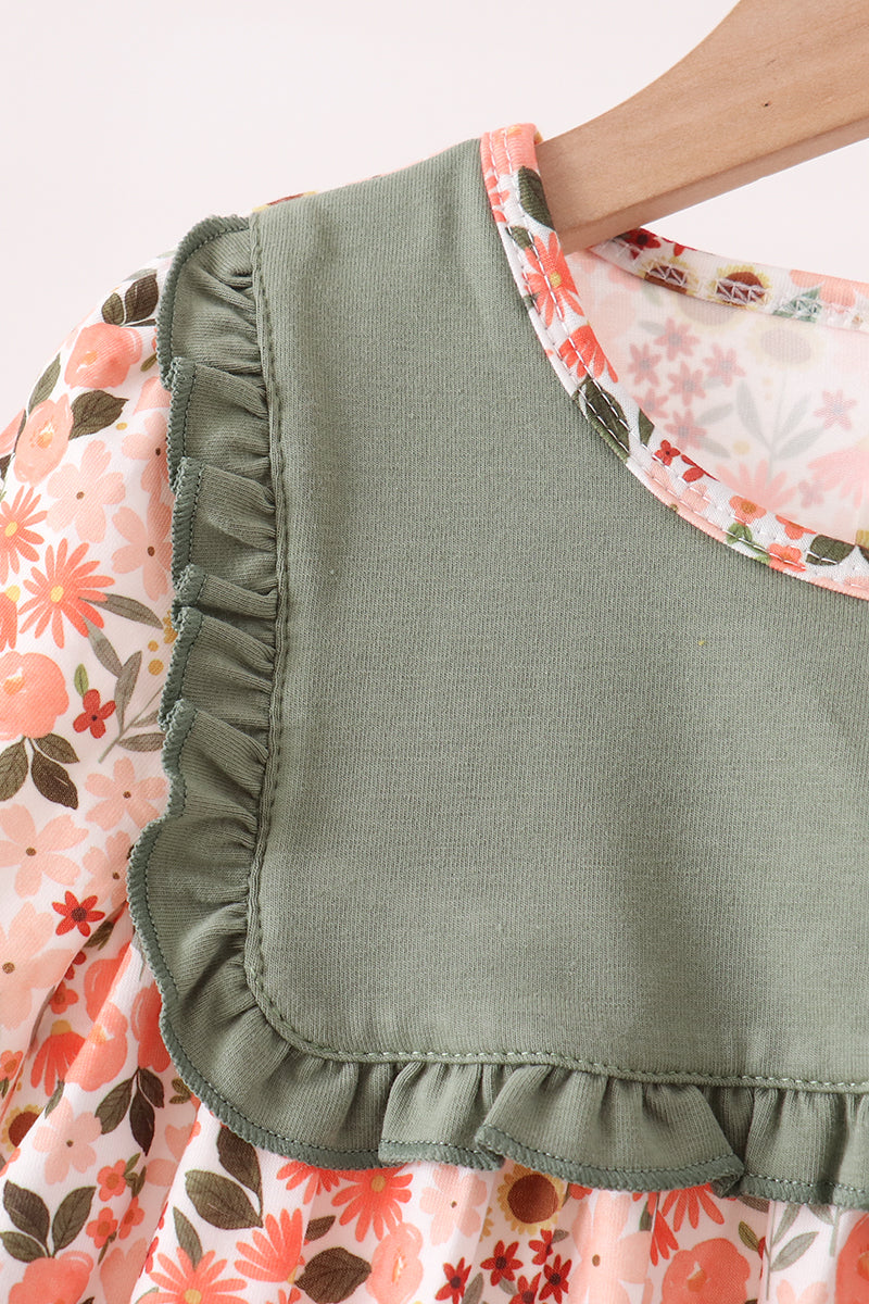 Girls Fall Green Floral Ruffle Dress
