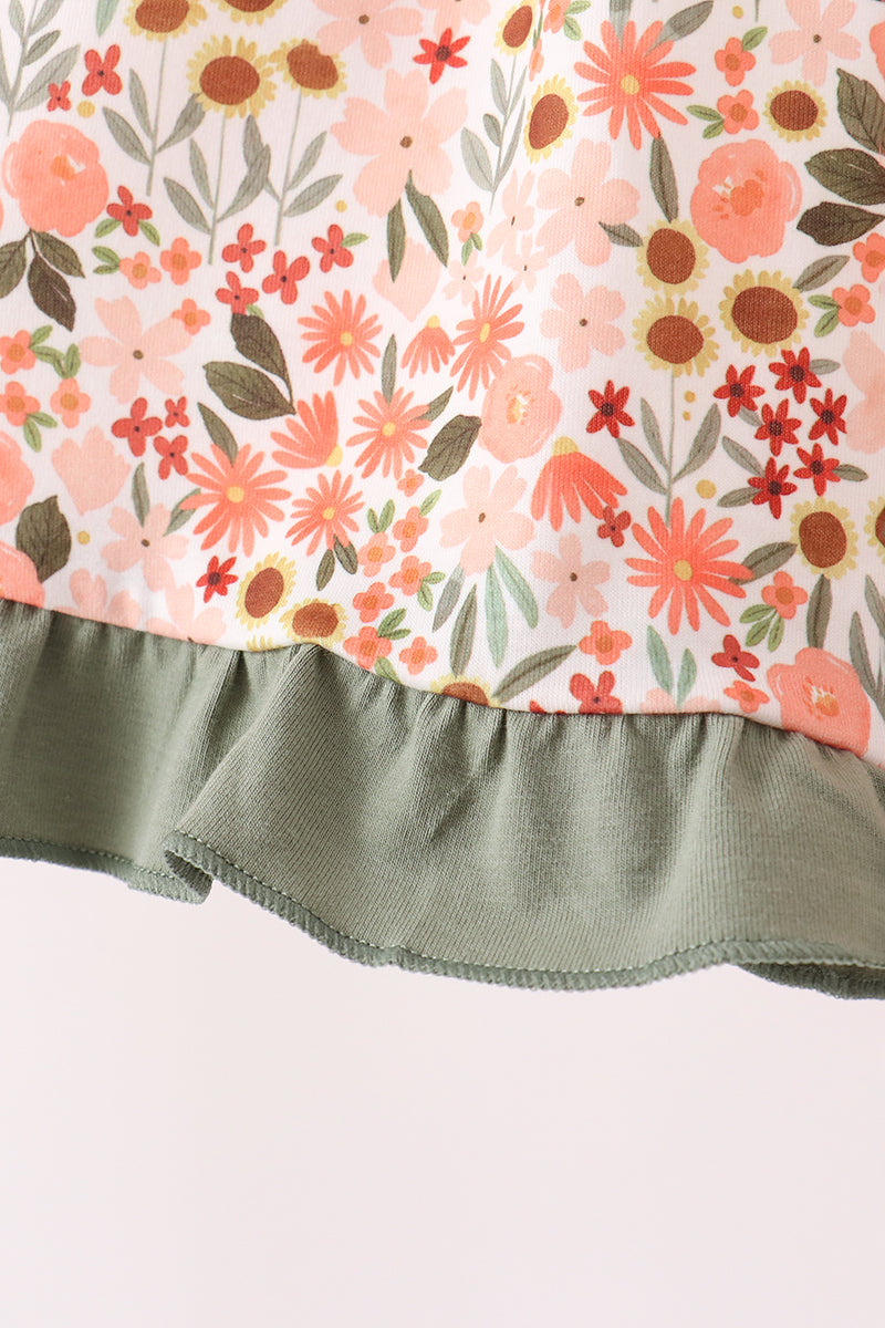Girls Fall Green Floral Ruffle Dress