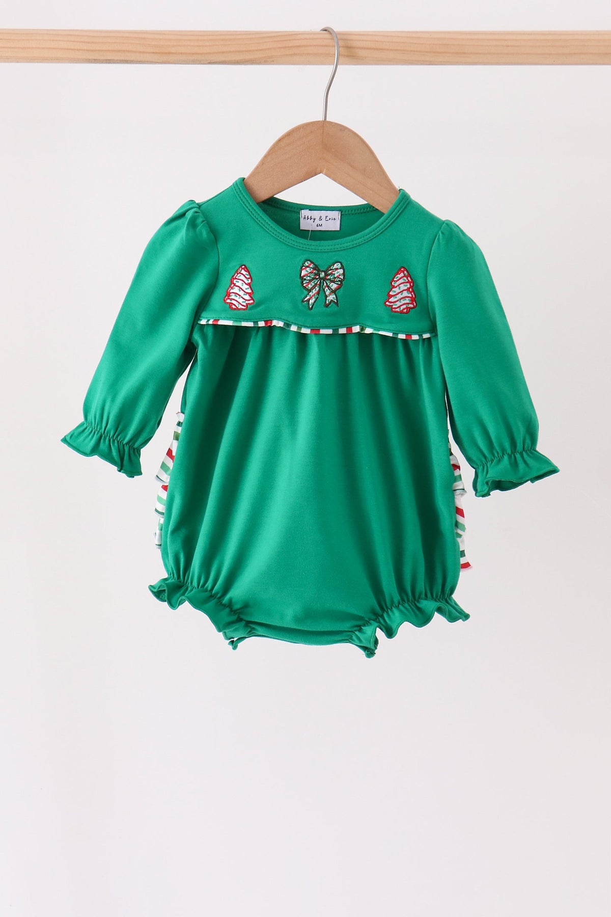 Baby Girl Green Christmas Tree Bow Applique Ruffle Bubble