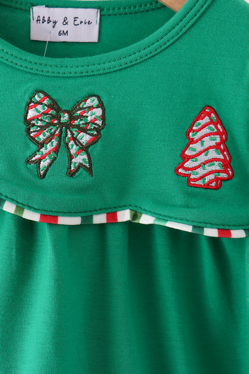 Baby Girl Green Christmas Tree Bow Applique Ruffle Bubble