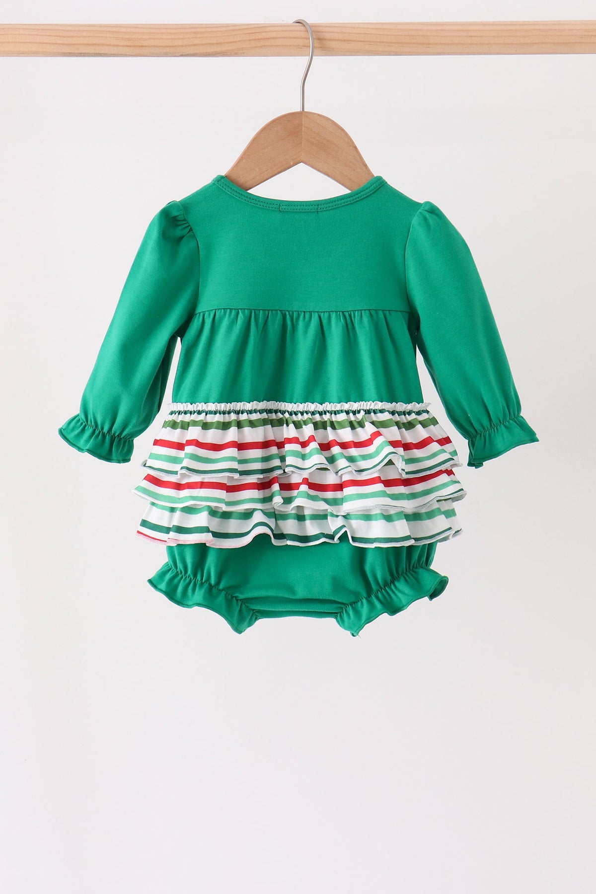 Baby Girl Green Christmas Tree Bow Applique Ruffle Bubble