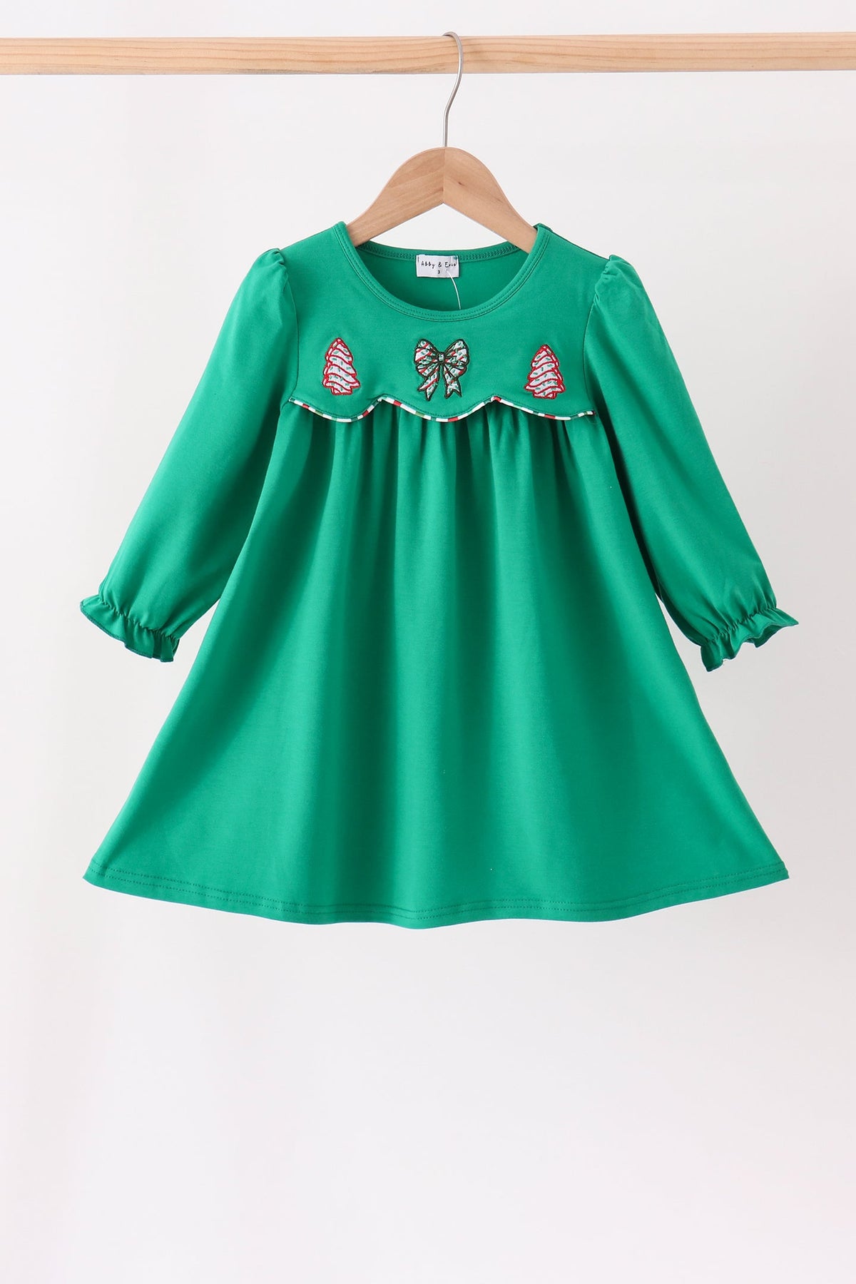 Girls Green Christmas Tree Bow Applique Dress