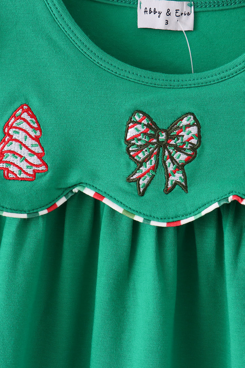Girls Green Christmas Tree Bow Applique Dress