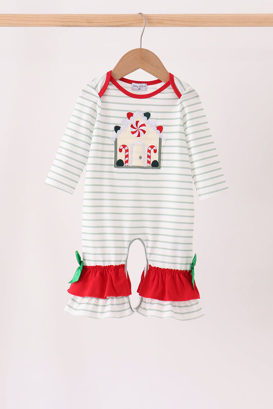Baby Girl Red Gingerbread House Applique Stripe Ruffle Romper