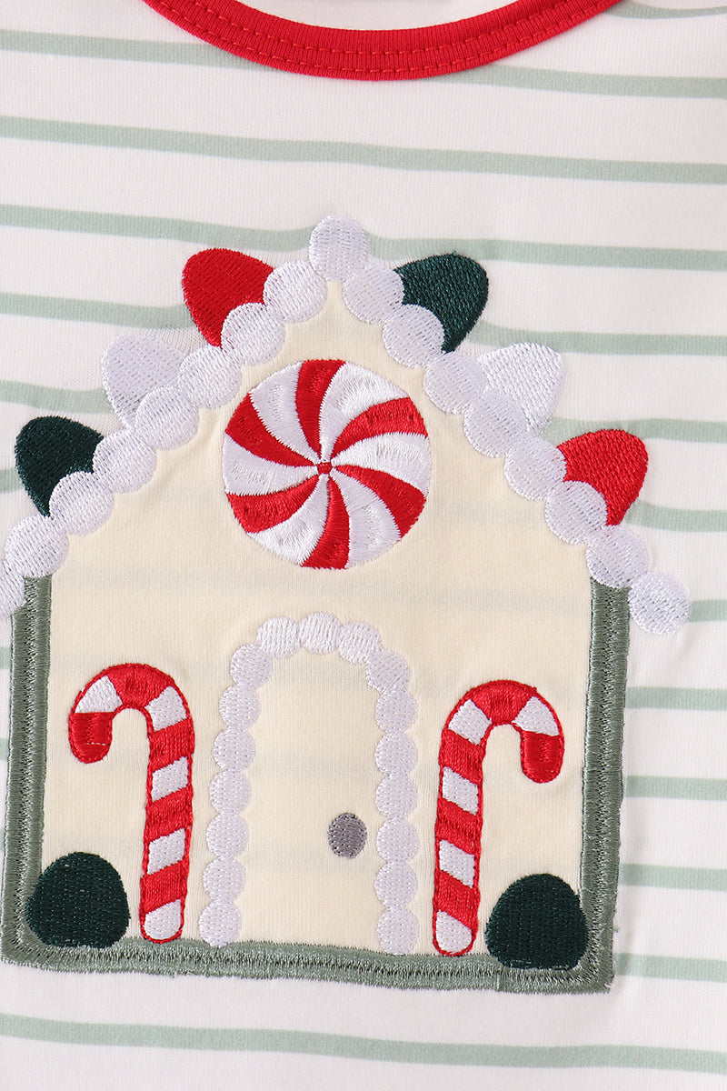 Baby Girl Red Gingerbread House Applique Stripe Ruffle Romper