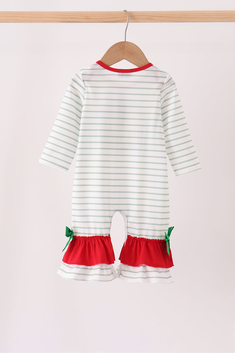Baby Girl Red Gingerbread House Applique Stripe Ruffle Romper