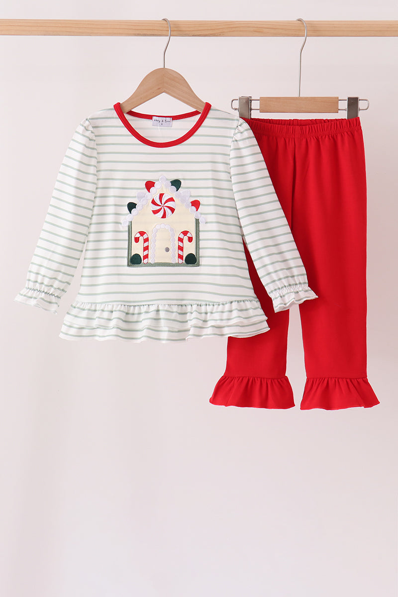 Red Gingerbread House Applique Stripe Ruffle Pants Set