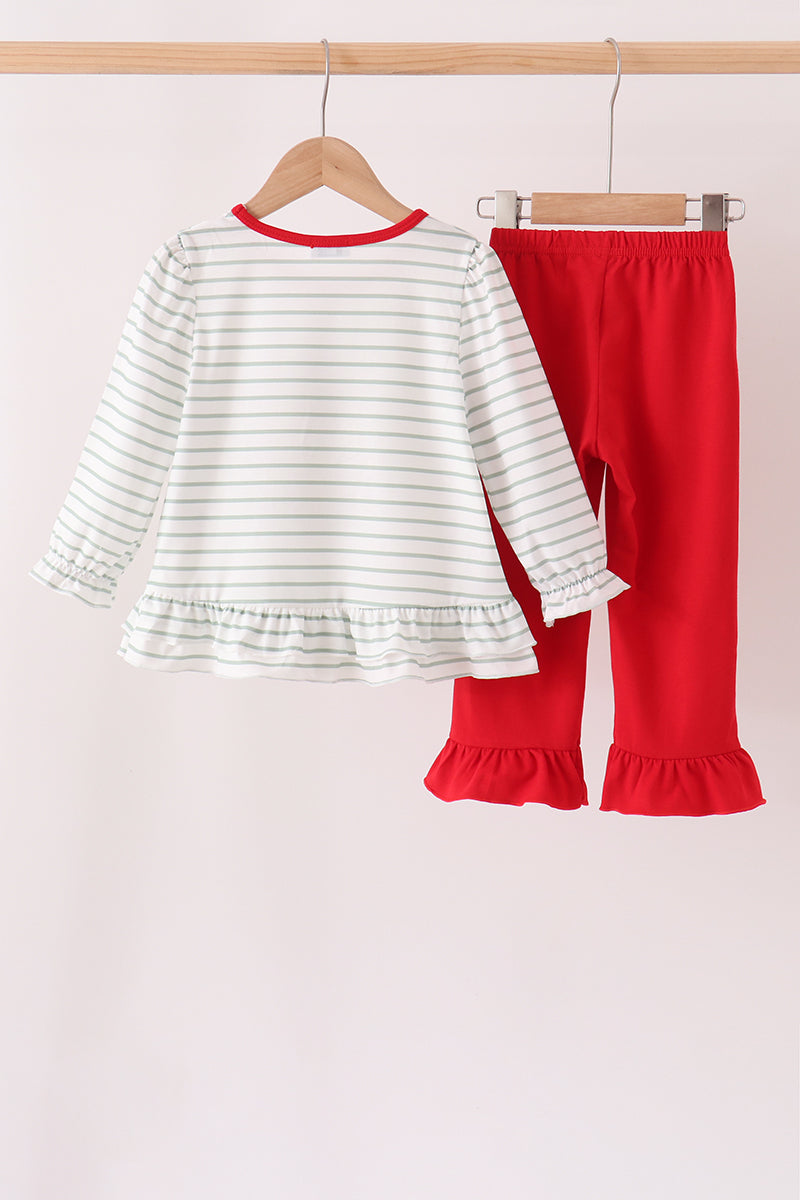 Red Gingerbread House Applique Stripe Ruffle Pants Set