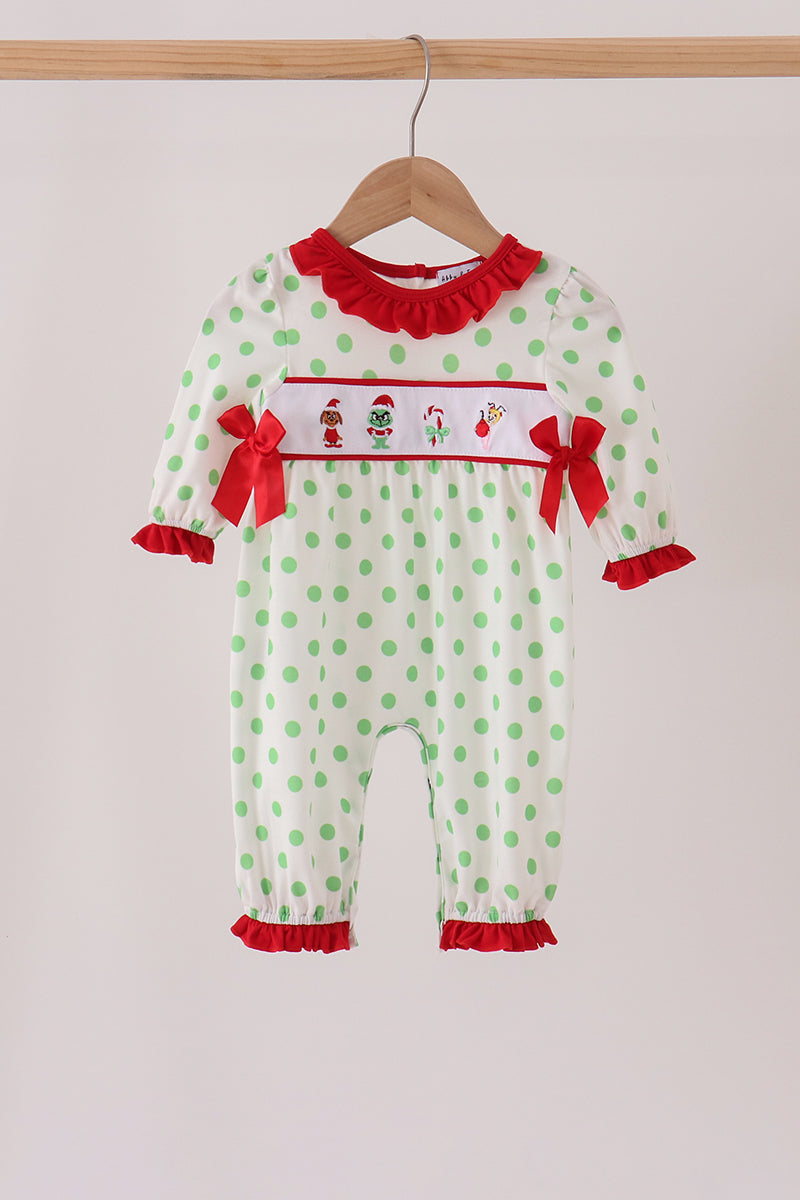 Baby Girl Green Grinch Embroidery Ruffle Dot Romper