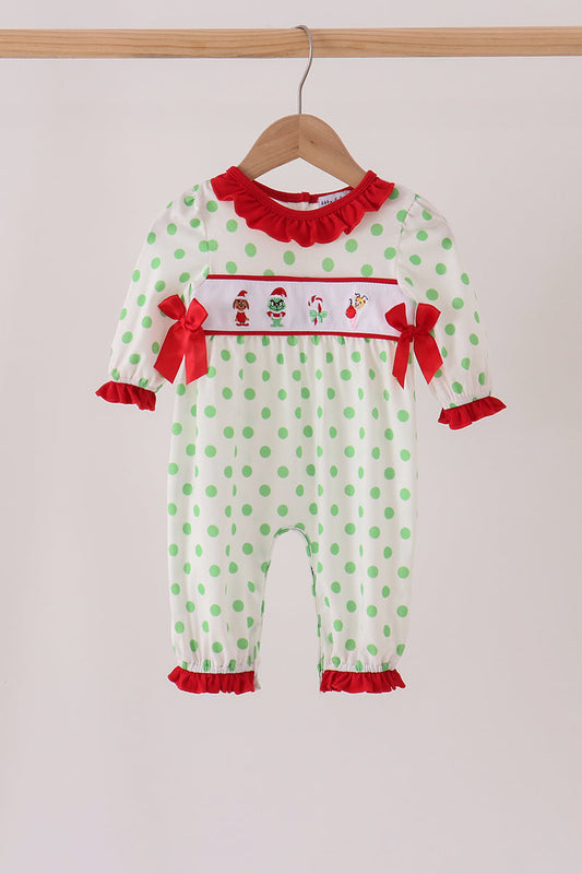 Baby Girl Green Grinch Embroidery Ruffle Dot Romper