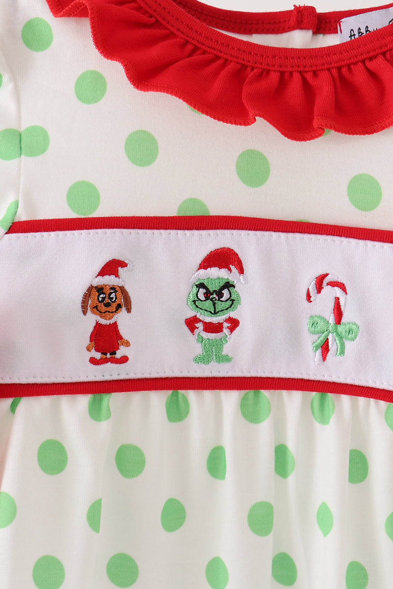 Baby Girl Green Grinch Embroidery Ruffle Dot Romper